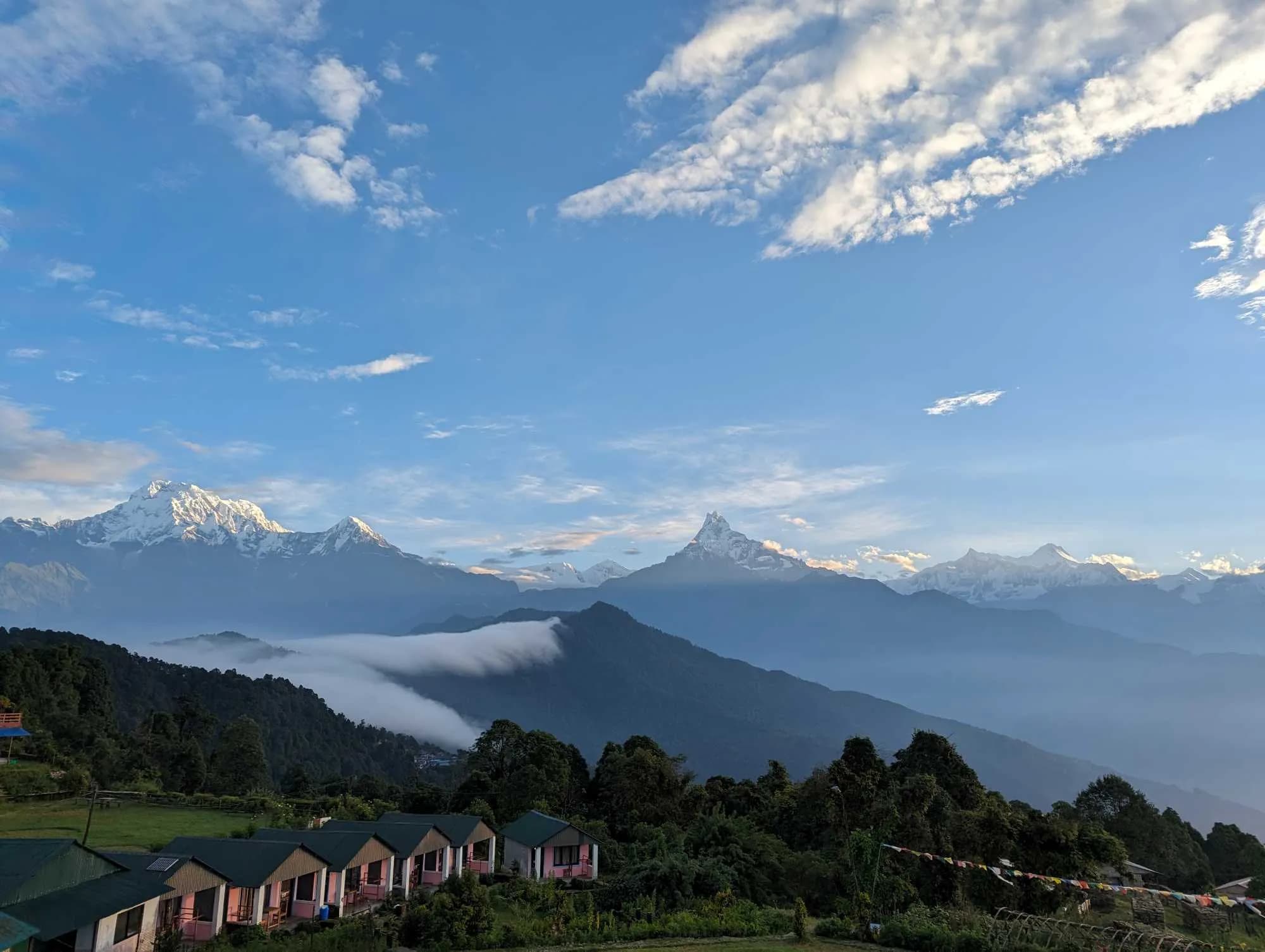 Wide angle shot of a snowy Himalayan mountain basin from australian base camp