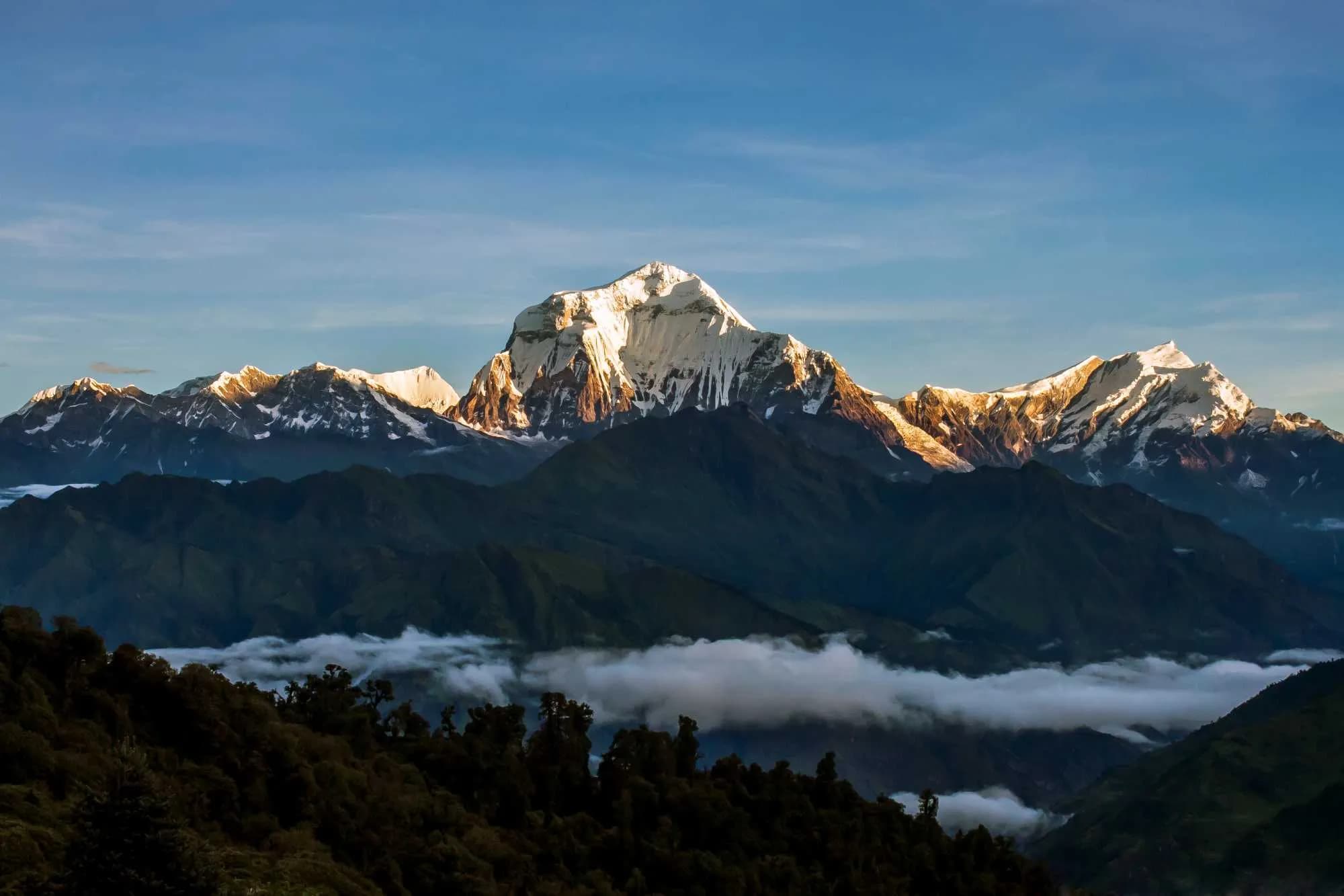 Golden morning light hits the Dhaulagiri massif above a sea of clouds in the valley