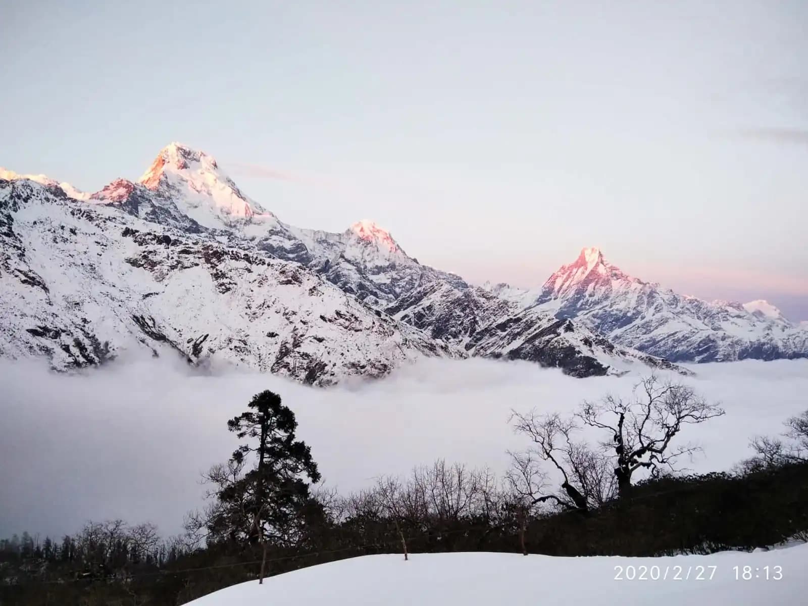 Annapurna South and Machhapuchhre peaks above clouds at sunset seen during Mohare Danda Trek